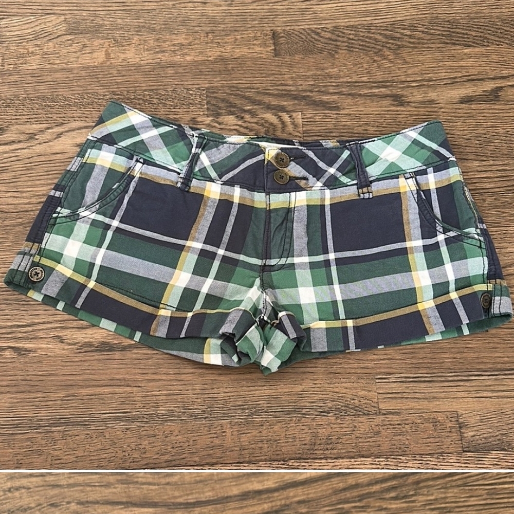 Hollister Green and Blue Jean Shorts with Plaid Pattern